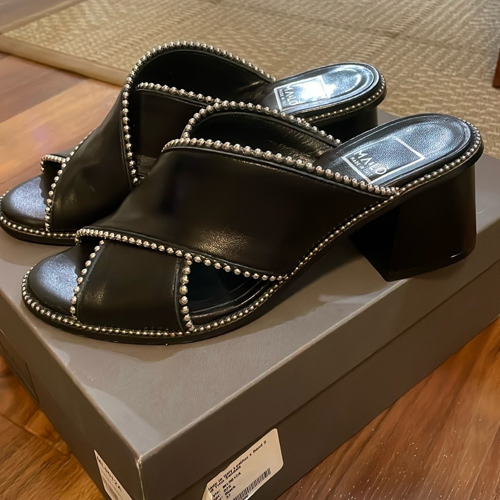 Mango Black Beaded Leather Block Heel Mules